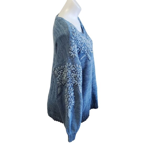 Soft Surroundings Blue Embroidered Floral Cotton Knit Sweater V-Neck Size Med - Picture 5 of 12